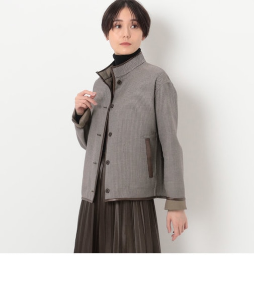 【リバーシブル】無地×ハウンドトゥースダブルフェイス ショートコート