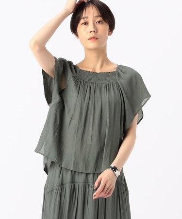 【セットアップ対応】スプリットジョーゼット シャーリングブラウス