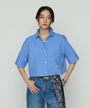 コットンキュプラストライプ／バルキーオックスフォード 半袖クロップドシャツ