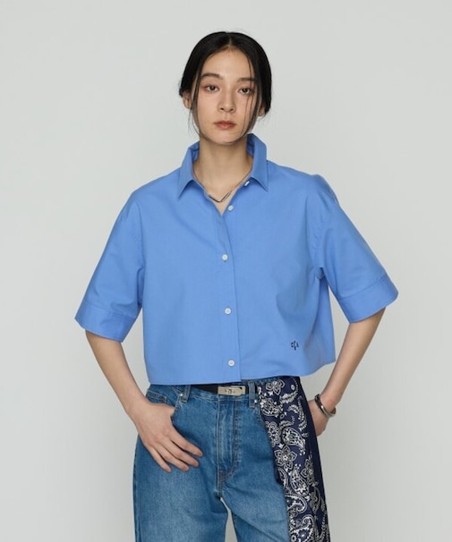 コットンキュプラストライプ／バルキーオックスフォード 半袖クロップドシャツ