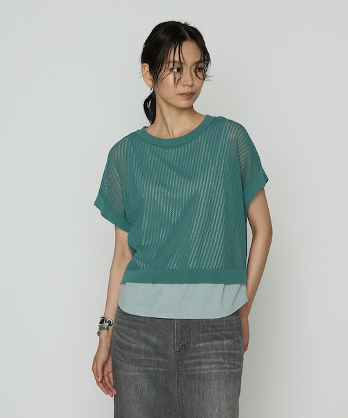 〔 TALLサイズ 〕 透かし編みレース柄 レイヤードニット