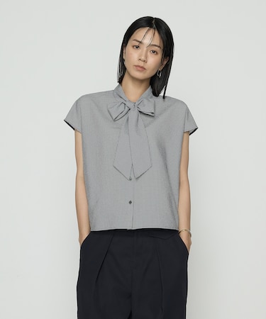 シアーサッカーギンガム ボウタイブラウス