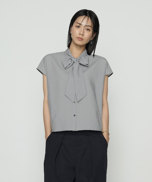 シアーサッカーギンガム ボウタイブラウス