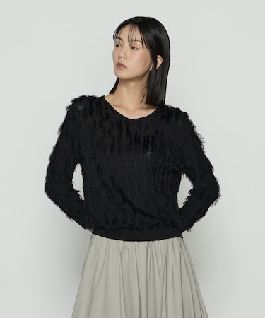 〔 TALLサイズ 〕 フリンジジャカード Vネックニット