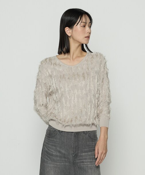 〔 TALLサイズ 〕 フリンジジャカード Vネックニット