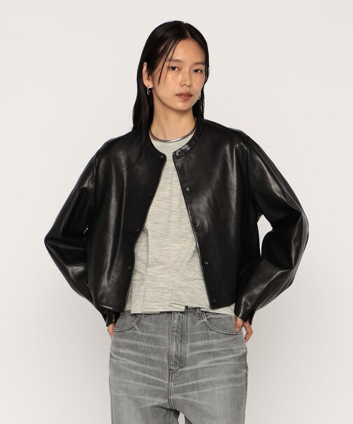 トルコラムレザー ノーカラージャケット