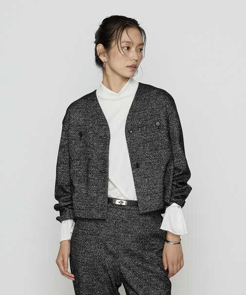 〔 TALLサイズ 〕 ツイード柄リバージャージー ノーカラージャケット