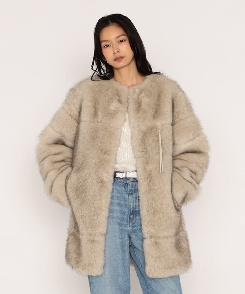 フェイクファー ノーカラーミドルレングスコート