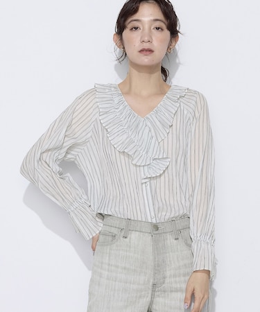 シワ加工ストライプ ラッフルシャツブラウス