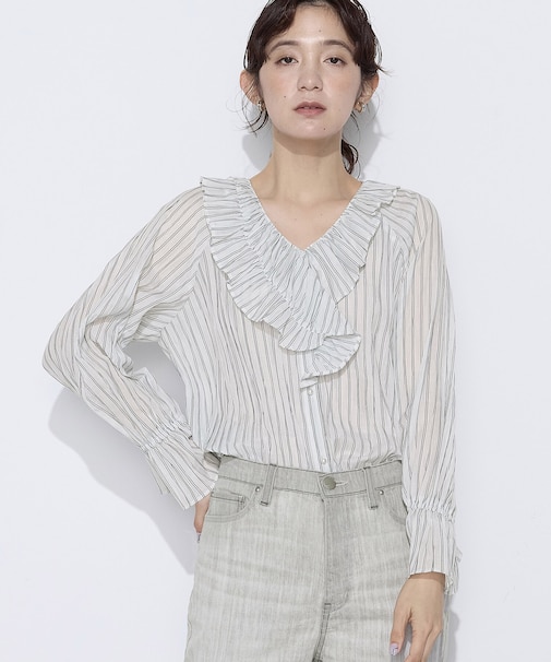 シワ加工ストライプ ラッフルシャツブラウス