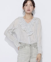 〔 Sサイズ 〕 シワ加工ストライプ ラッフルシャツブラウス