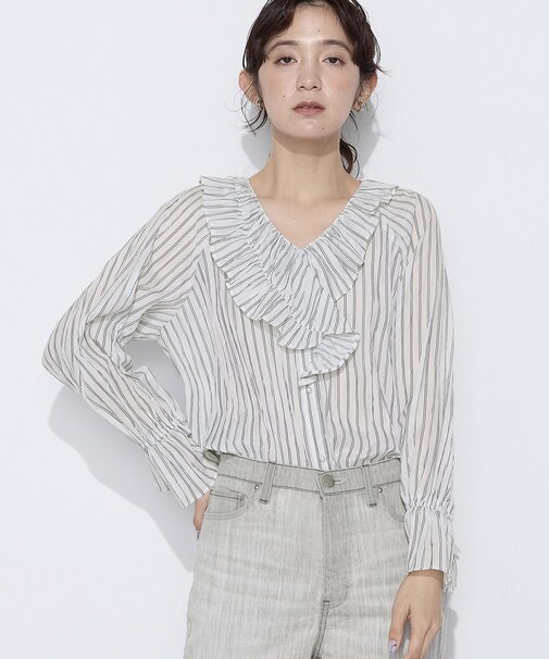 〔 TALLサイズ 〕 シワ加工ストライプ ラッフルシャツブラウス