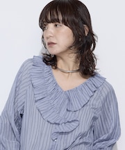 〔 TALLサイズ 〕 シワ加工ストライプ ラッフルシャツブラウス