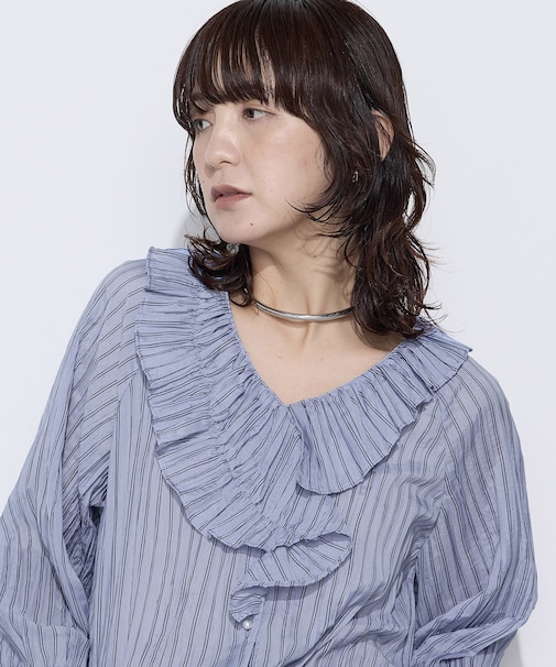 〔 TALLサイズ 〕 シワ加工ストライプ ラッフルシャツブラウス