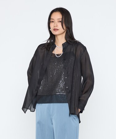 シルクコットンサテンオーガンジー バンドカラーシャツ