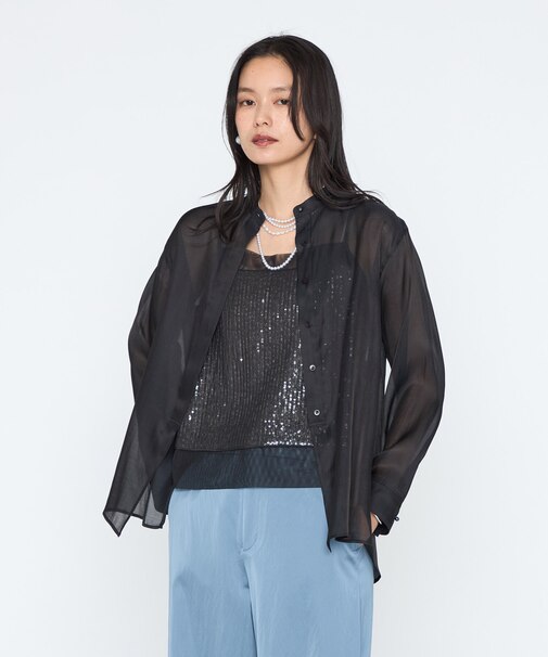 シルクコットンサテンオーガンジー バンドカラーシャツ