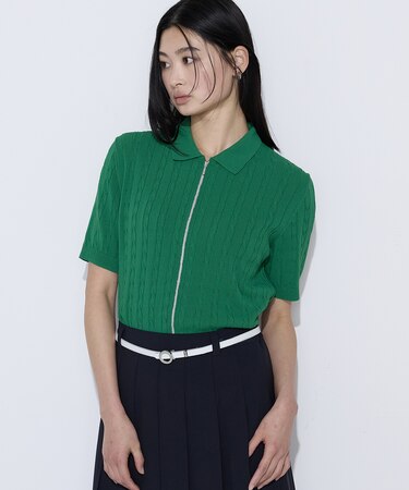 コットンダルストレッチ ケーブルジップカーディガン