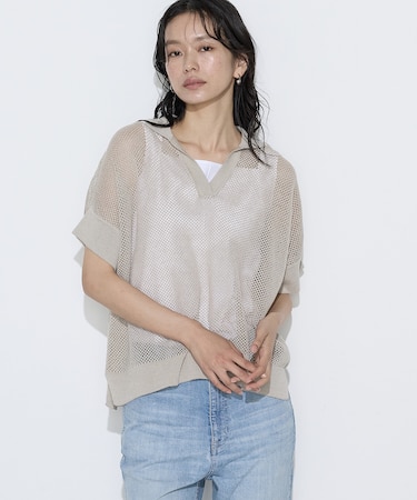 〔 TALLサイズ 〕 リネンメッシュ スキッパープルオーバー