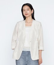 《セットアップ対応》リネン×シルクツイル ノーカラー タックジャケット