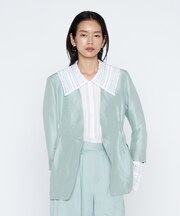 《セットアップ対応》リネン×シルクツイル ノーカラー タックジャケット