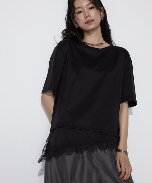 スーピマコットン 裾レースコンビネーションTシャツ