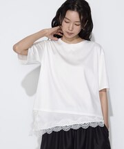 スーピマコットン 裾レースコンビネーションTシャツ