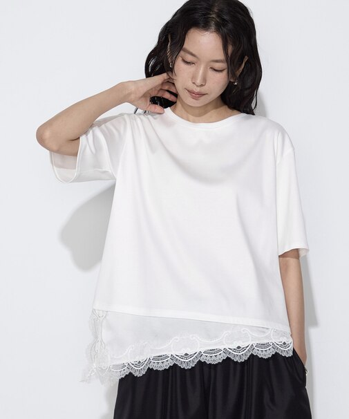 〔 Sサイズ 〕 スーピマコットン 裾レースコンビネーションTシャツ