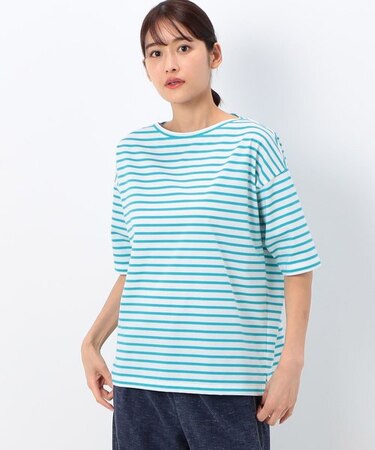 プレーティング天竺ボーダー 後ろVネックカットソー