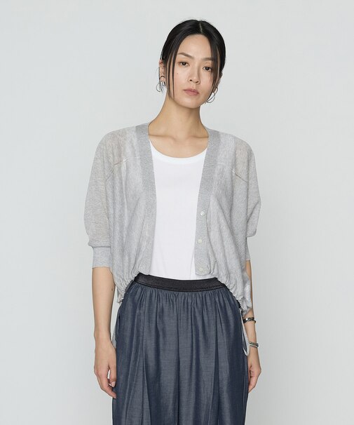 〔 +サイズ 〕 シャイニーシアーヤーン ドロストシアーショートカーデ