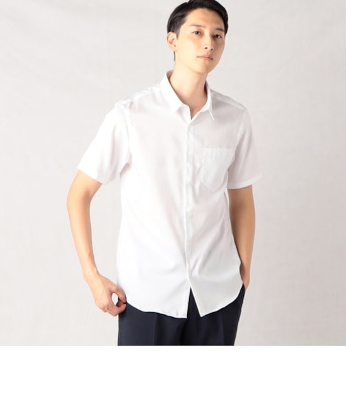 ヘリンボーンツイル　半袖ショートポイントカラー　ドレスシャツ