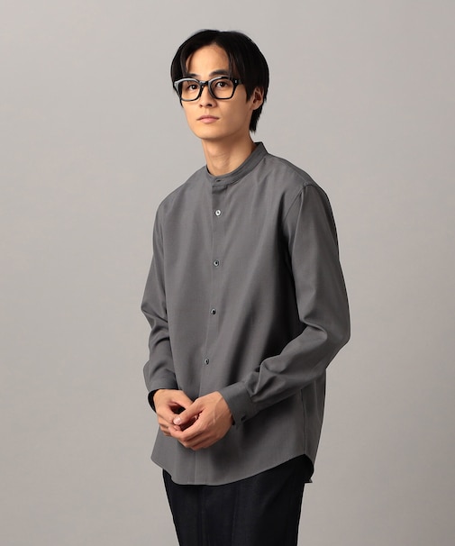 ウールライク　ノンアイロン　ドライトロ バンドカラーシャツ