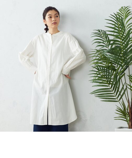 リネン混 バンドカラー ロングシャツ チュニック