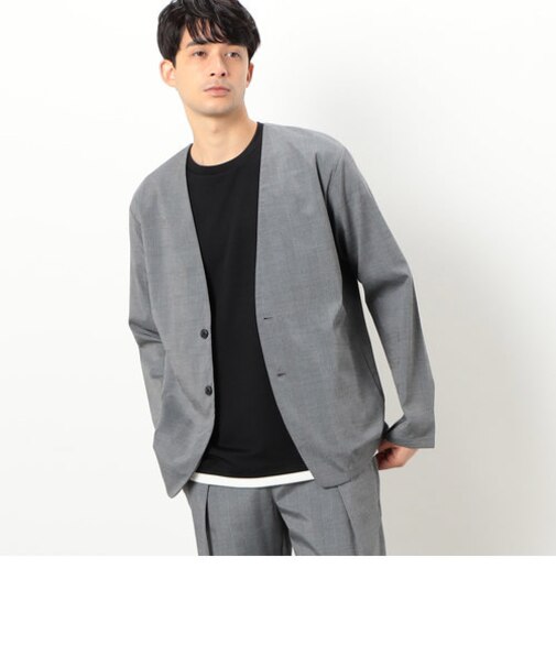 【セットアップ対応】ウォッシャブル グレンチェック ノーカラー ジャケット