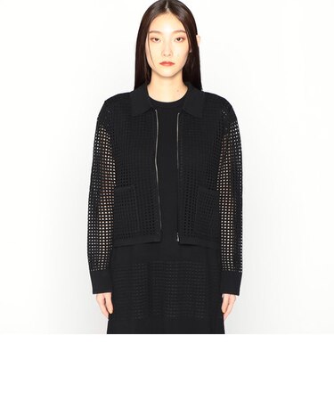 【セットアップ対応】 スクエアメッシュ編みニット　シャツブルゾン