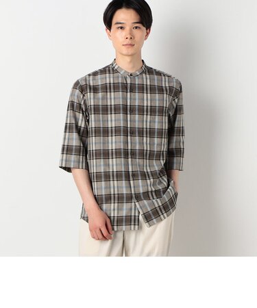 ポリエステル レーヨン リネン チェック ７分袖シャツ
