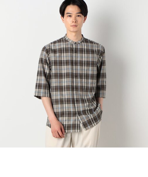 ポリエステル レーヨン リネン チェック ７分袖シャツ