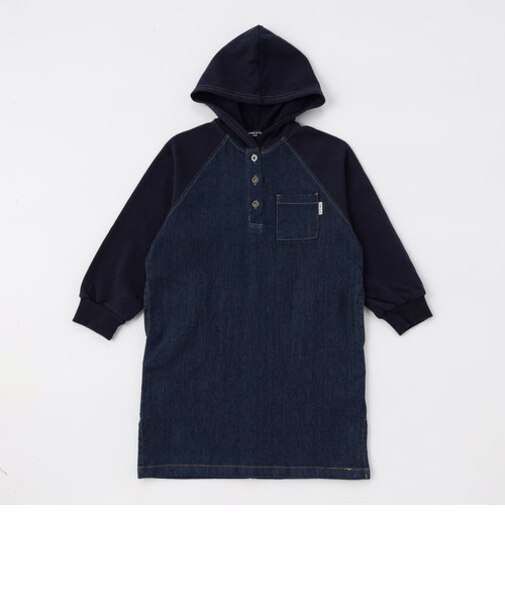 デニム×ジャージー素材　パーカーワンピース