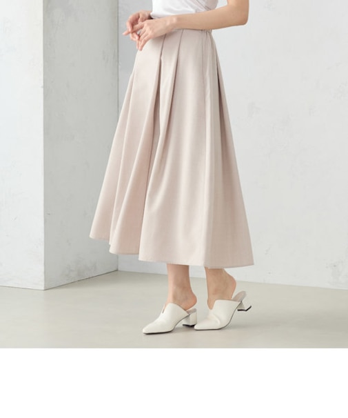 麻調カチオン　タックフレアスカート