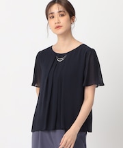 フェイクパールアクセ付き 半袖ブラウス