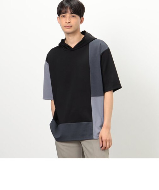 カラーブロック パッチワーク フードＴシャツ
