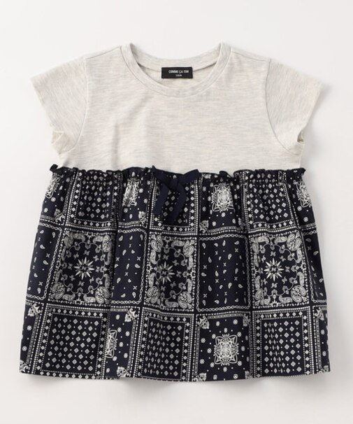 ギンガムチェック・バンダナ柄プリント 切替え半袖Tシャツ