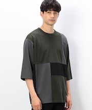 七分袖 カラーブロック パッチワークＴシャツ