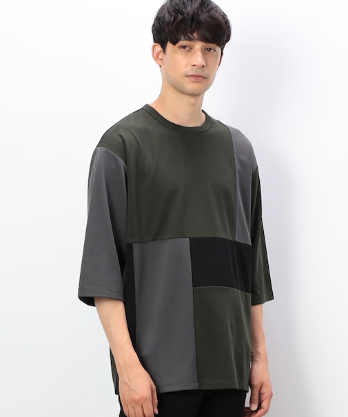 七分袖 カラーブロック パッチワークＴシャツ