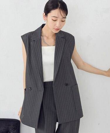 【 セットアップ対応 】ポリエステルレーヨンストレッチツイル ストライプ Wブレストジレ