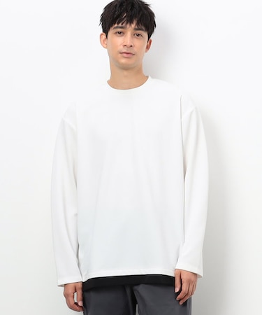 タテ畝ストレッチポンチ フェイクレイヤード クルーネックＴシャツ （長袖）