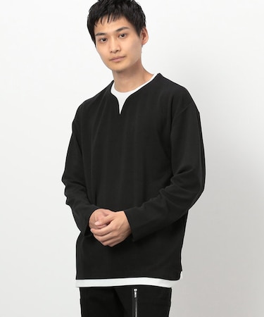タテ畝ストレッチポンチ  フェイクレイヤード キーネックＴシャツ（長袖）