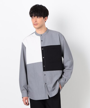 ウールライク ブロッキング バンドカラー シャツ