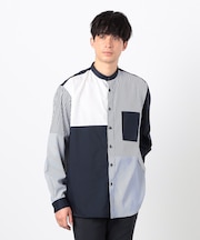 ストライプ コンビ バンドカラー シャツ