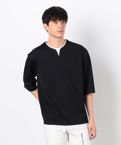 フェイクレイヤード キーネックＴシャツ 七分袖