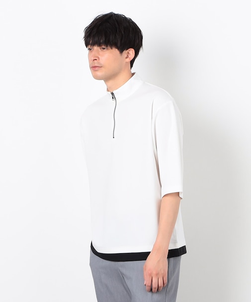 七分袖 フェイクレイヤード ハーフジップＴシャツ
